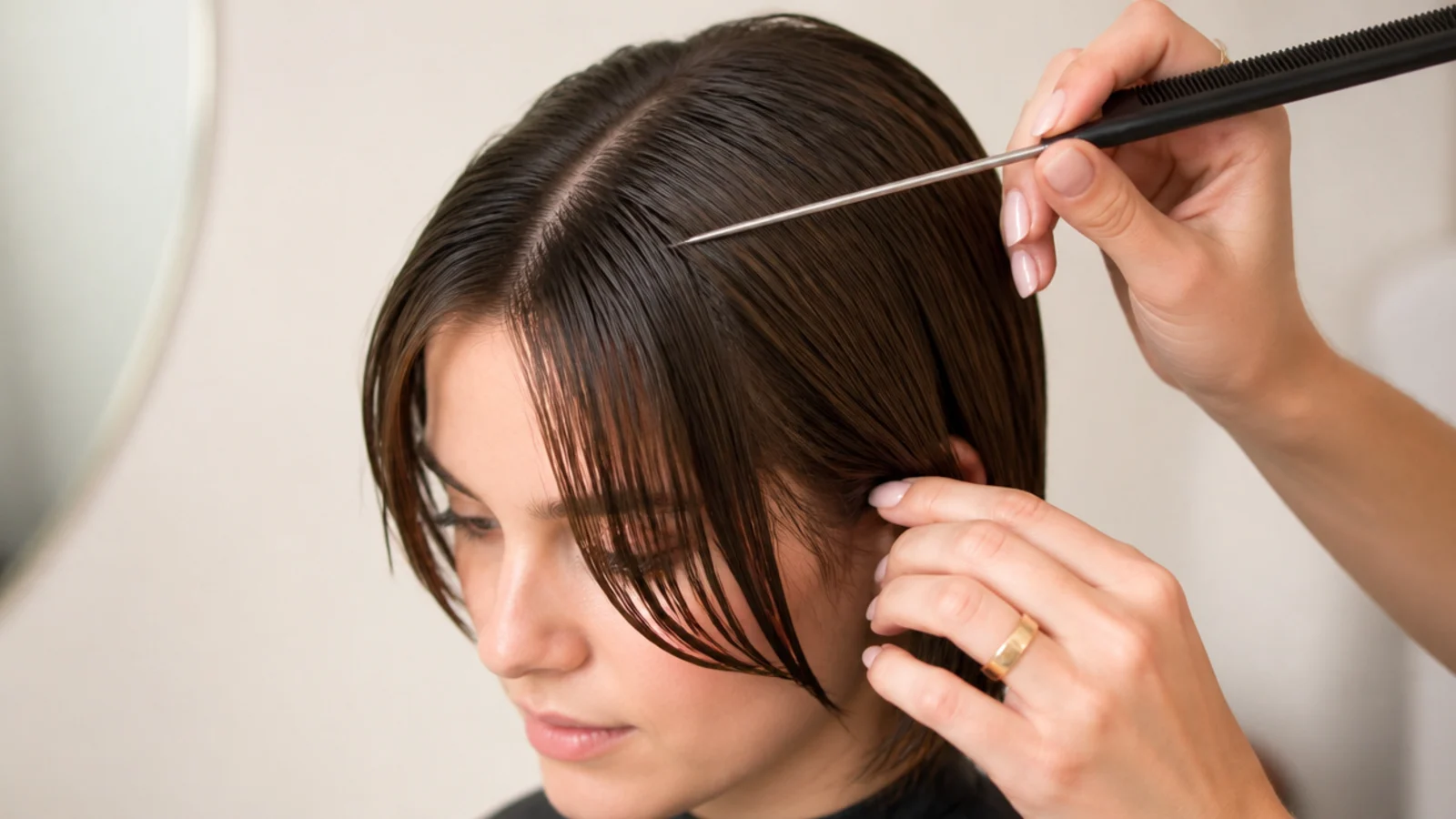 A comb drawing a centre part through a damp fringe