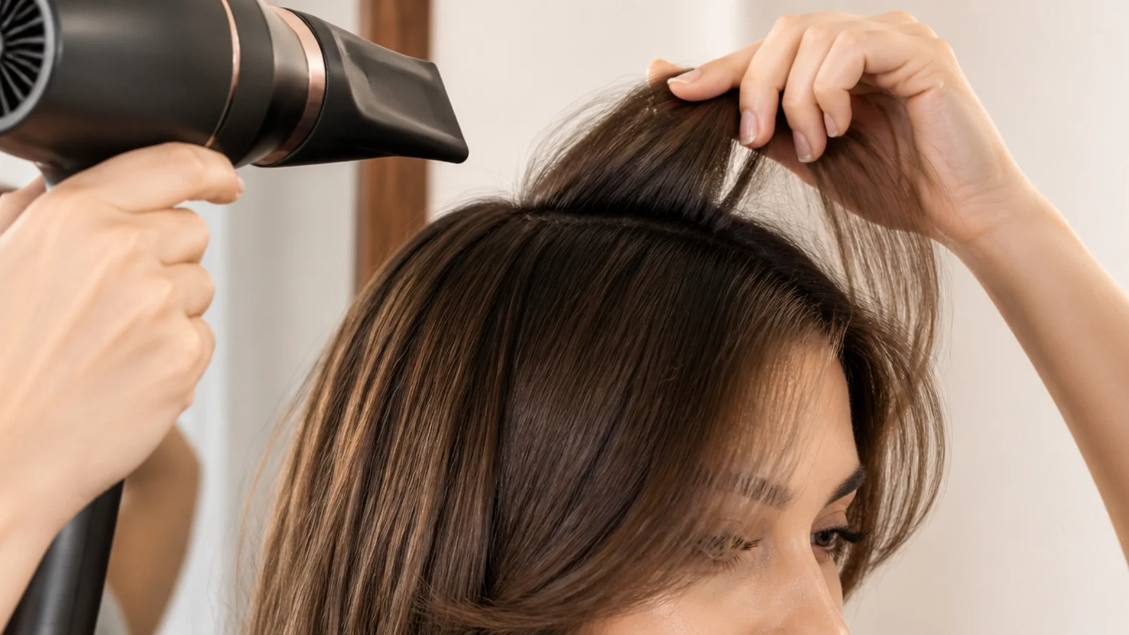 A dryer nozzle lifting the roots of a short fringe