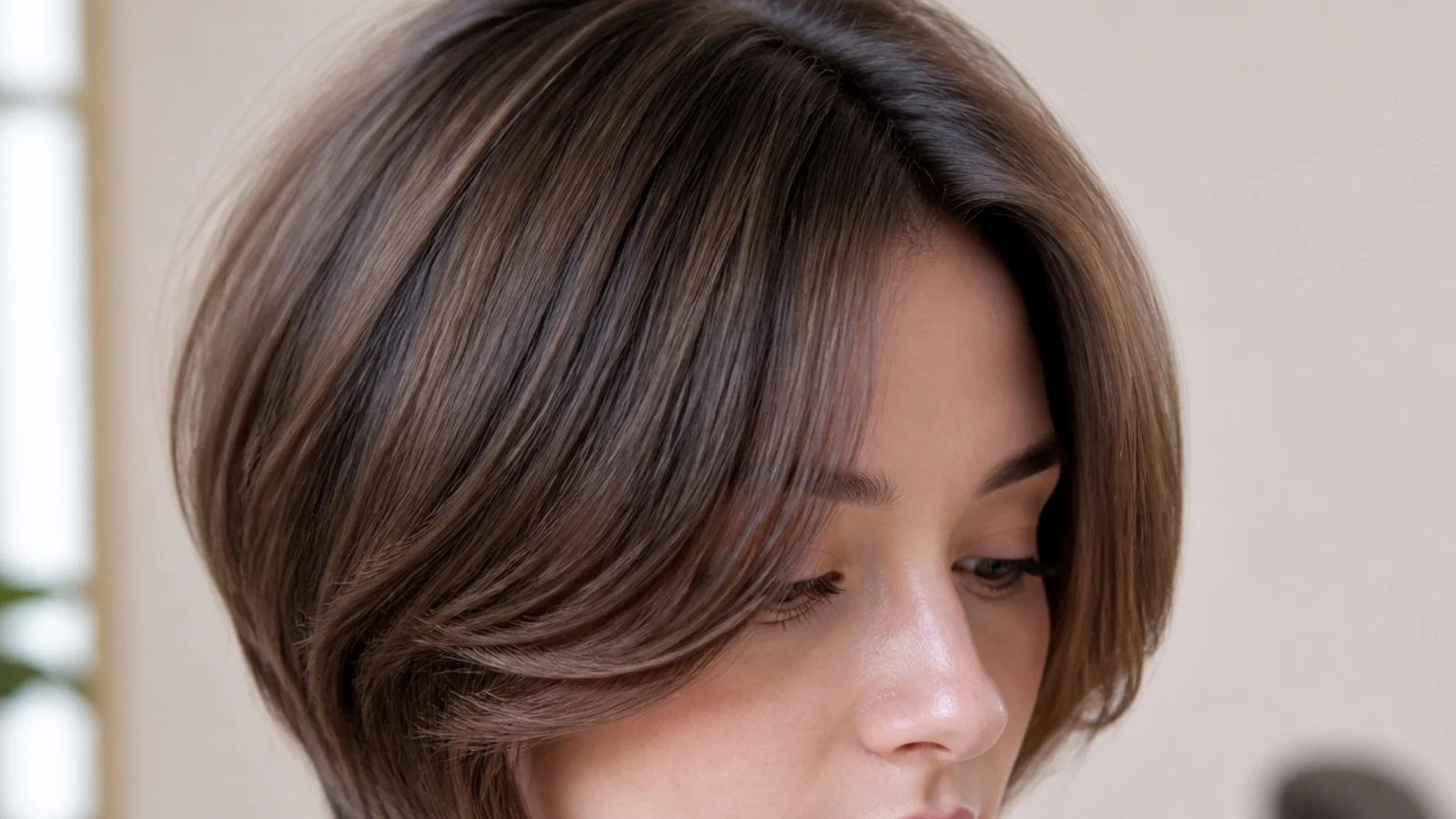 A long curtain fringe with its shortest point at the cheekbone