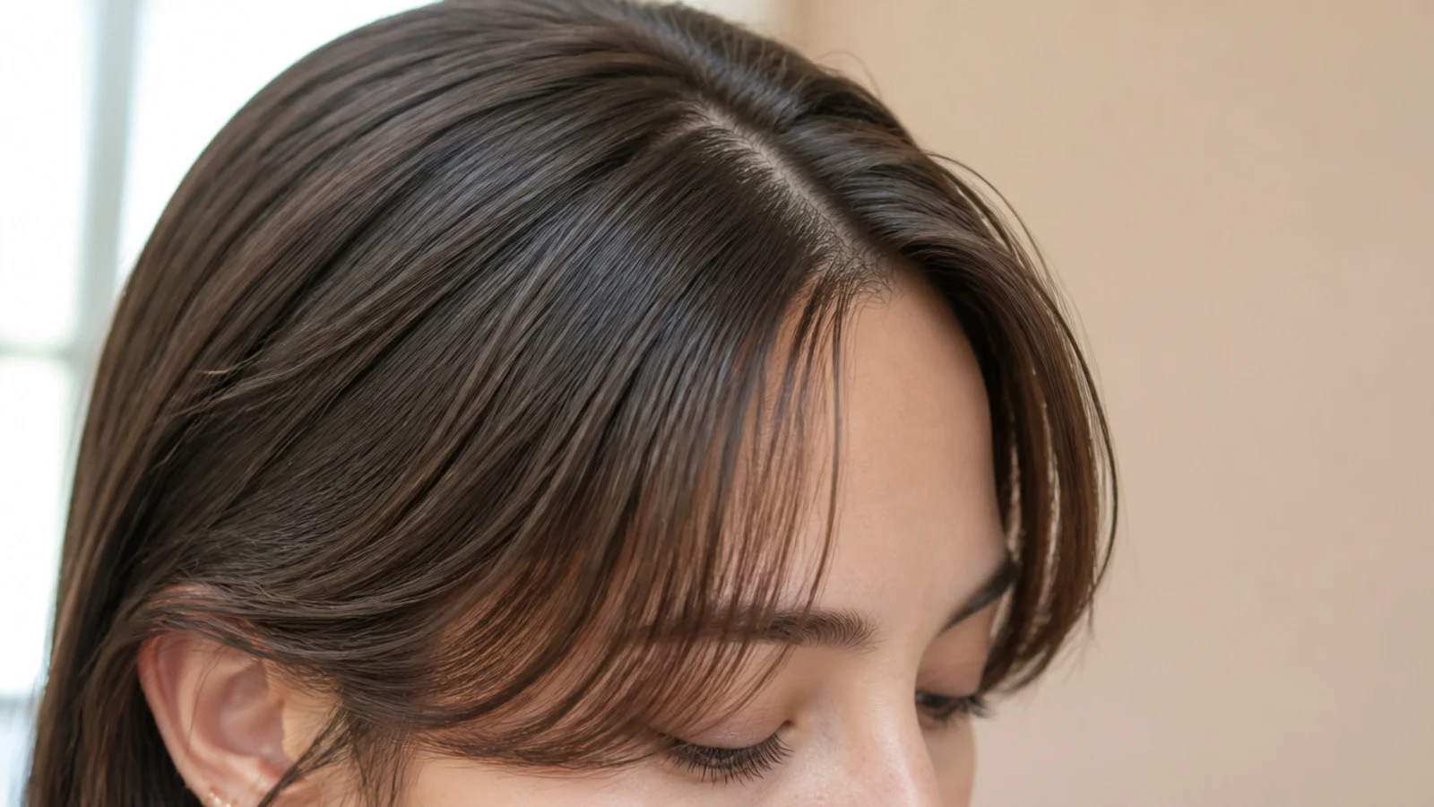 A fringe splitting where a cowlick lifts at the hairline