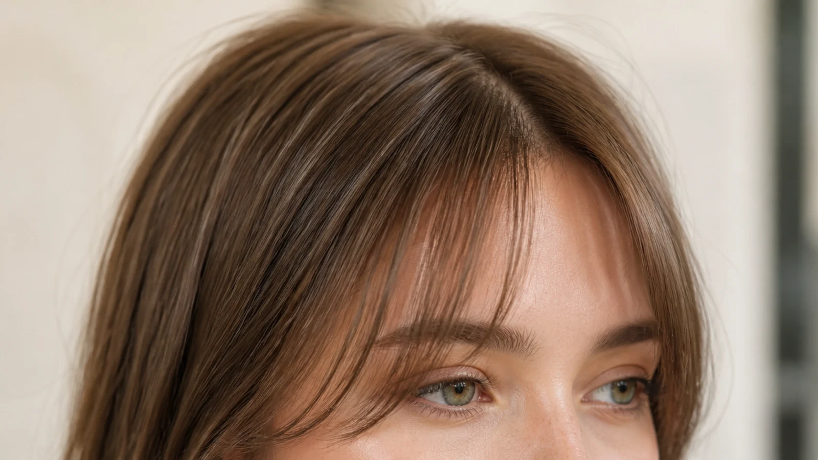 A very short baby fringe sitting above the eyebrows