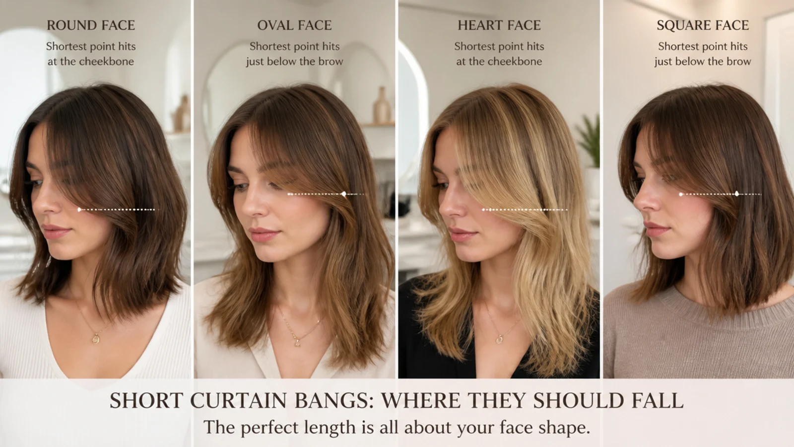 Three-quarter view of a short fringe framing the cheekbones