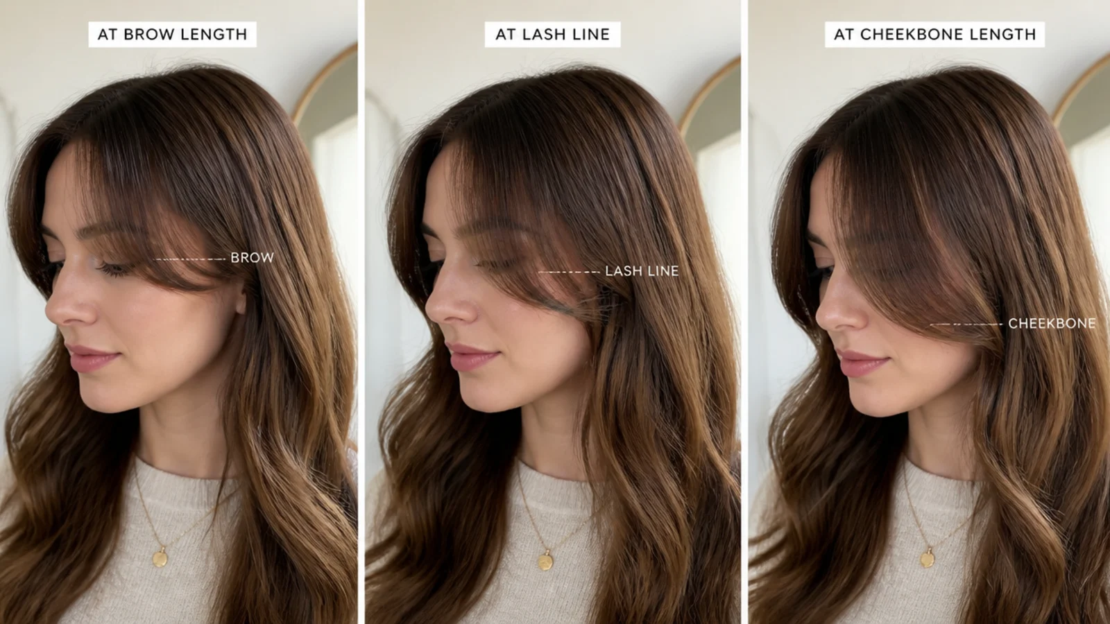A grown-out fringe swept to one side past the cheekbone