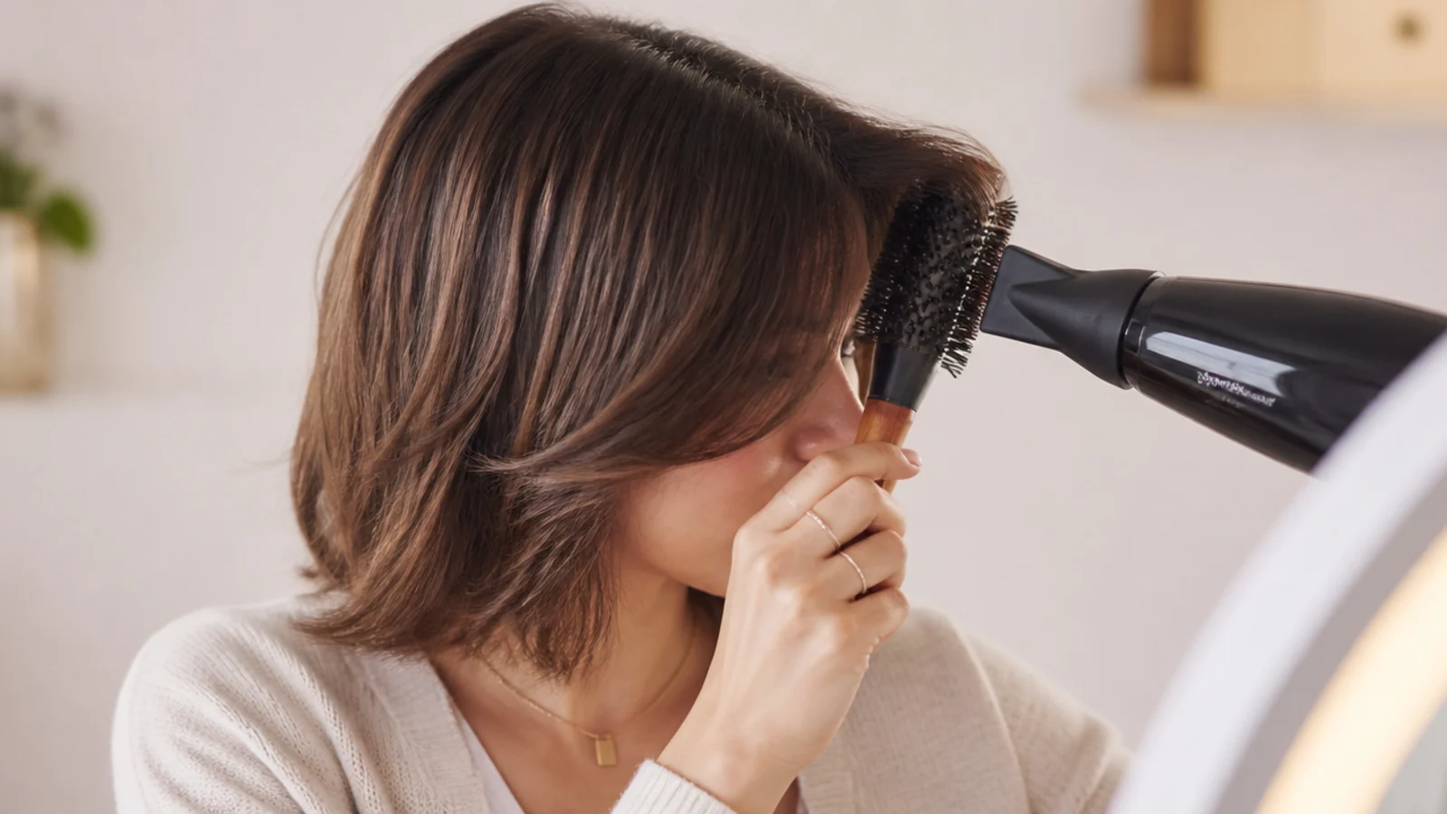 A round brush turning the ends of a short fringe outward