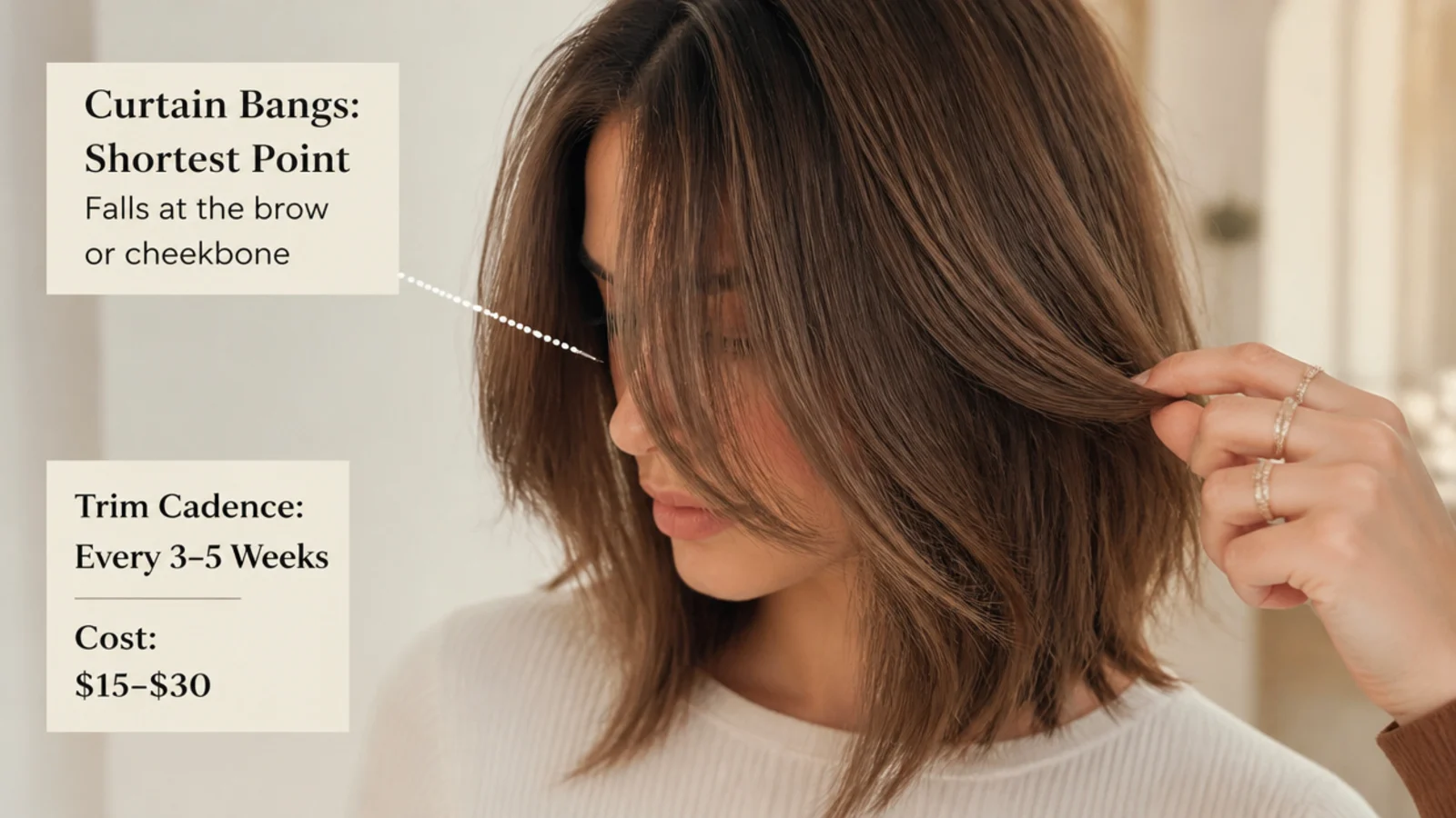 Shears trimming the outer edge of a short fringe