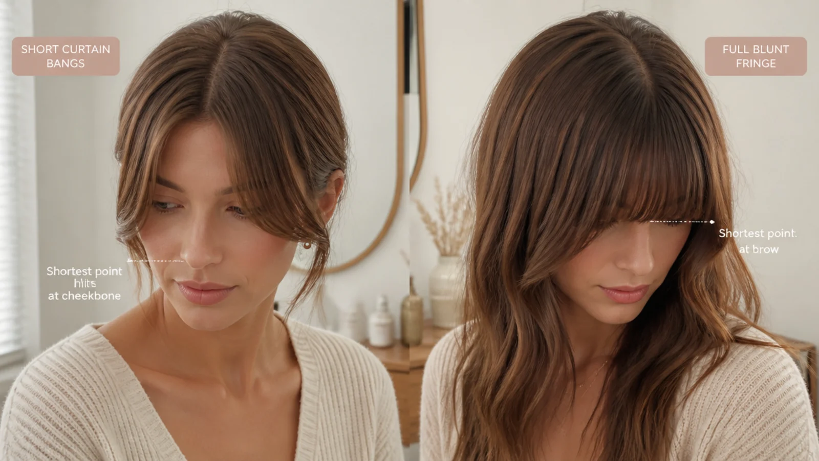 Close crop of a fringe splitting at the centre and graduating to the cheek