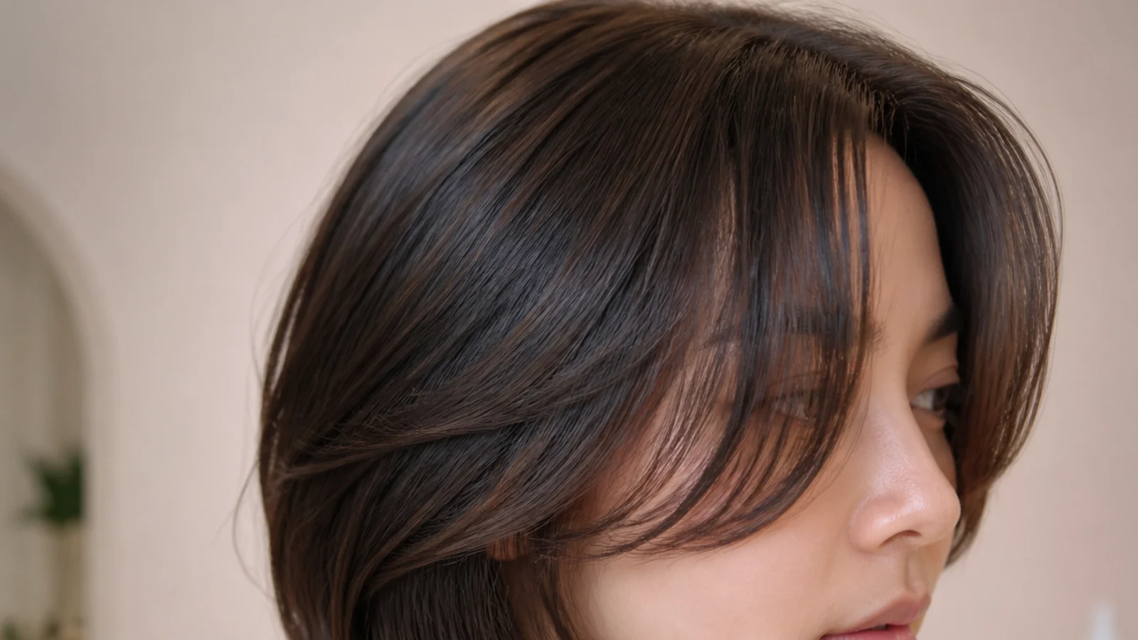 A centre-parted fringe framing a round face from the front