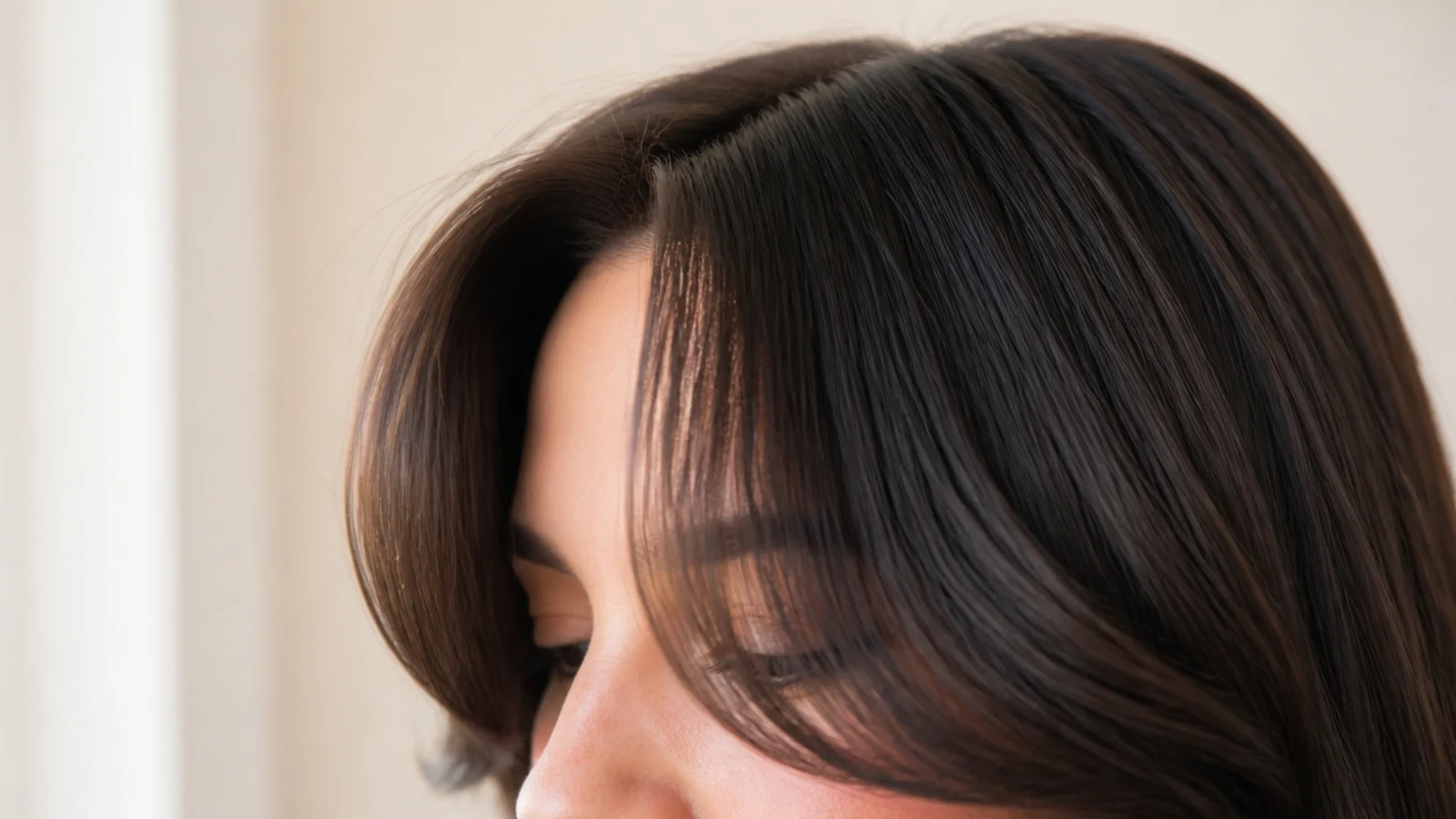 A thick curtain fringe falling past the cheekbones