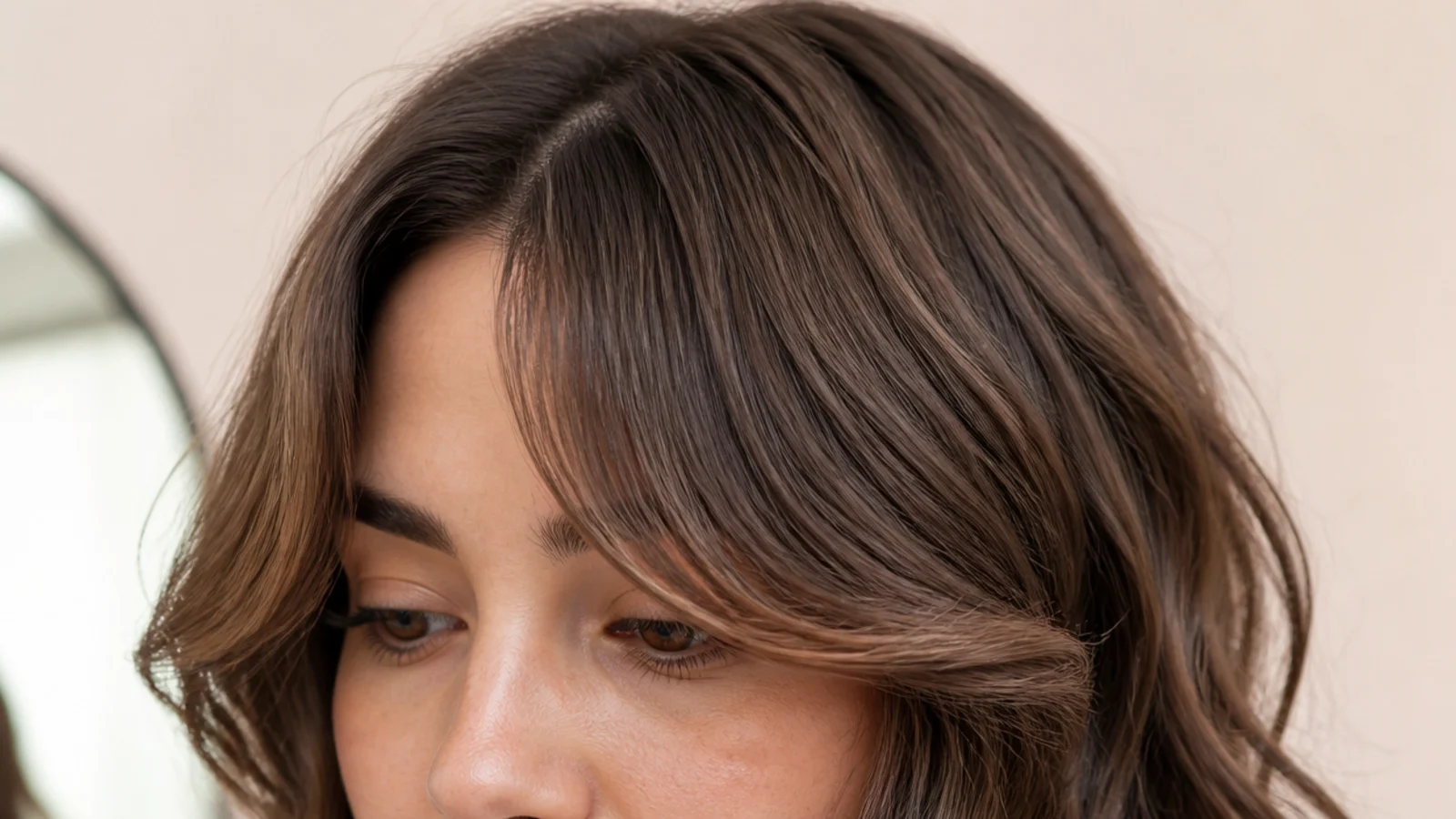 A wavy fringe bending away from the face