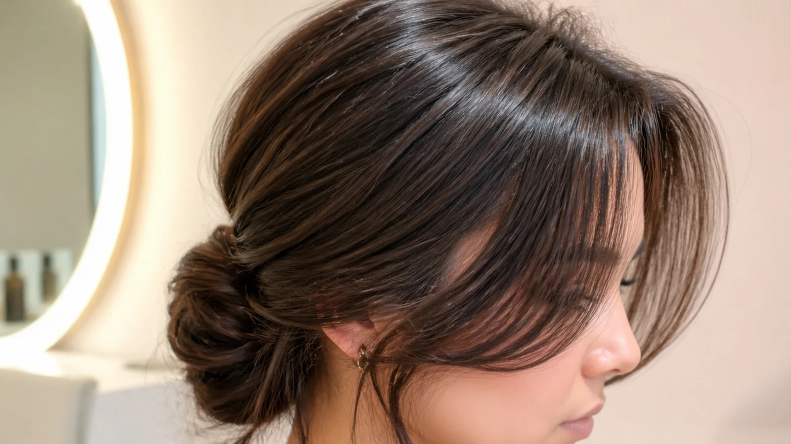Hair gathered into a ponytail with the fringe left down