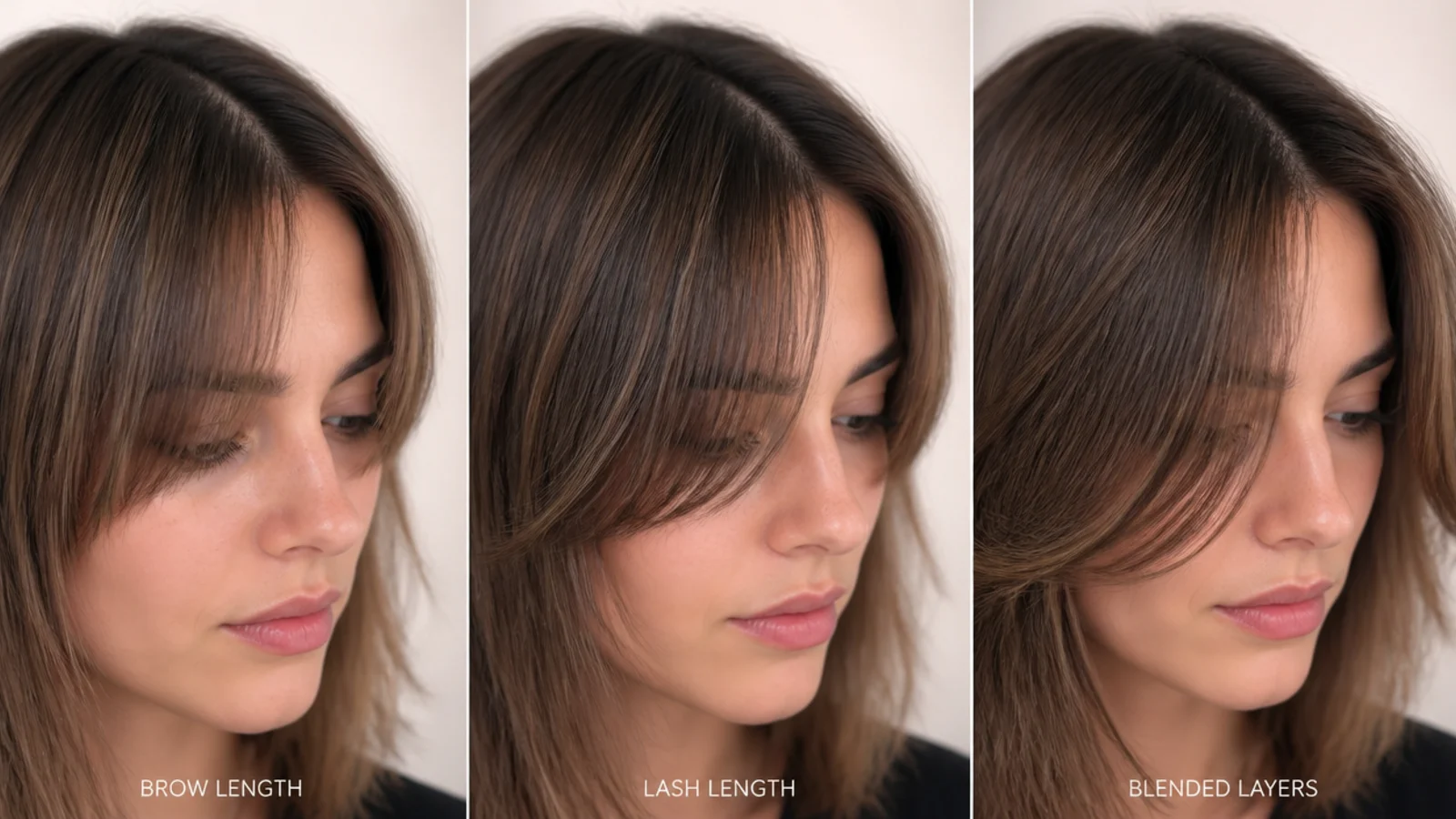 A fringe part way through growing out past the cheekbone