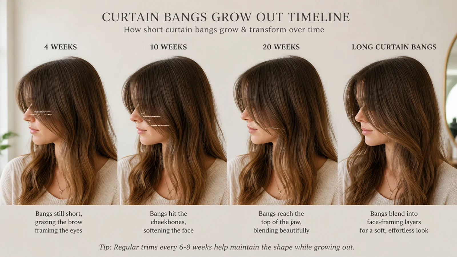 A part-grown fringe swept sideways past the cheekbone