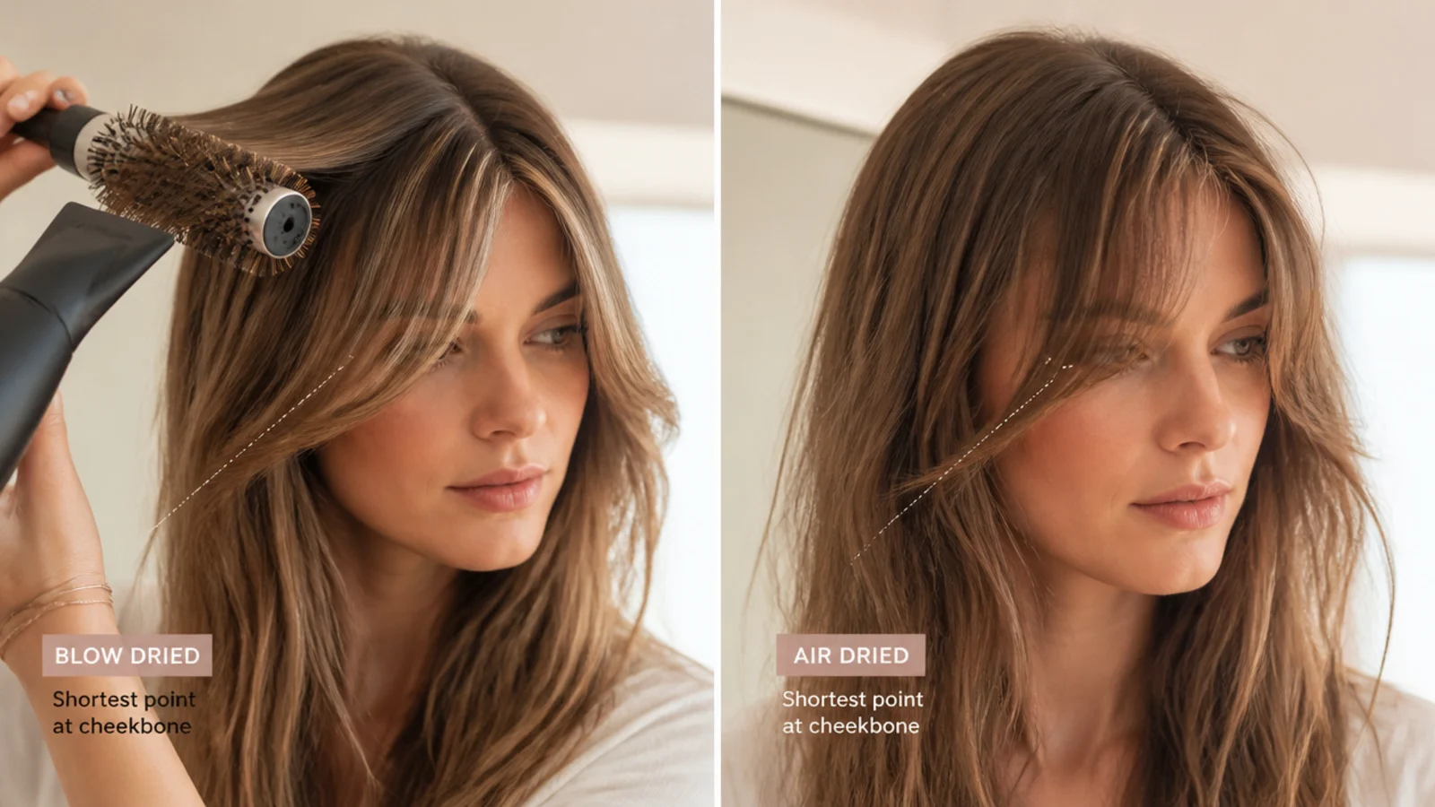 A round brush shaping one half of a fringe under a dryer