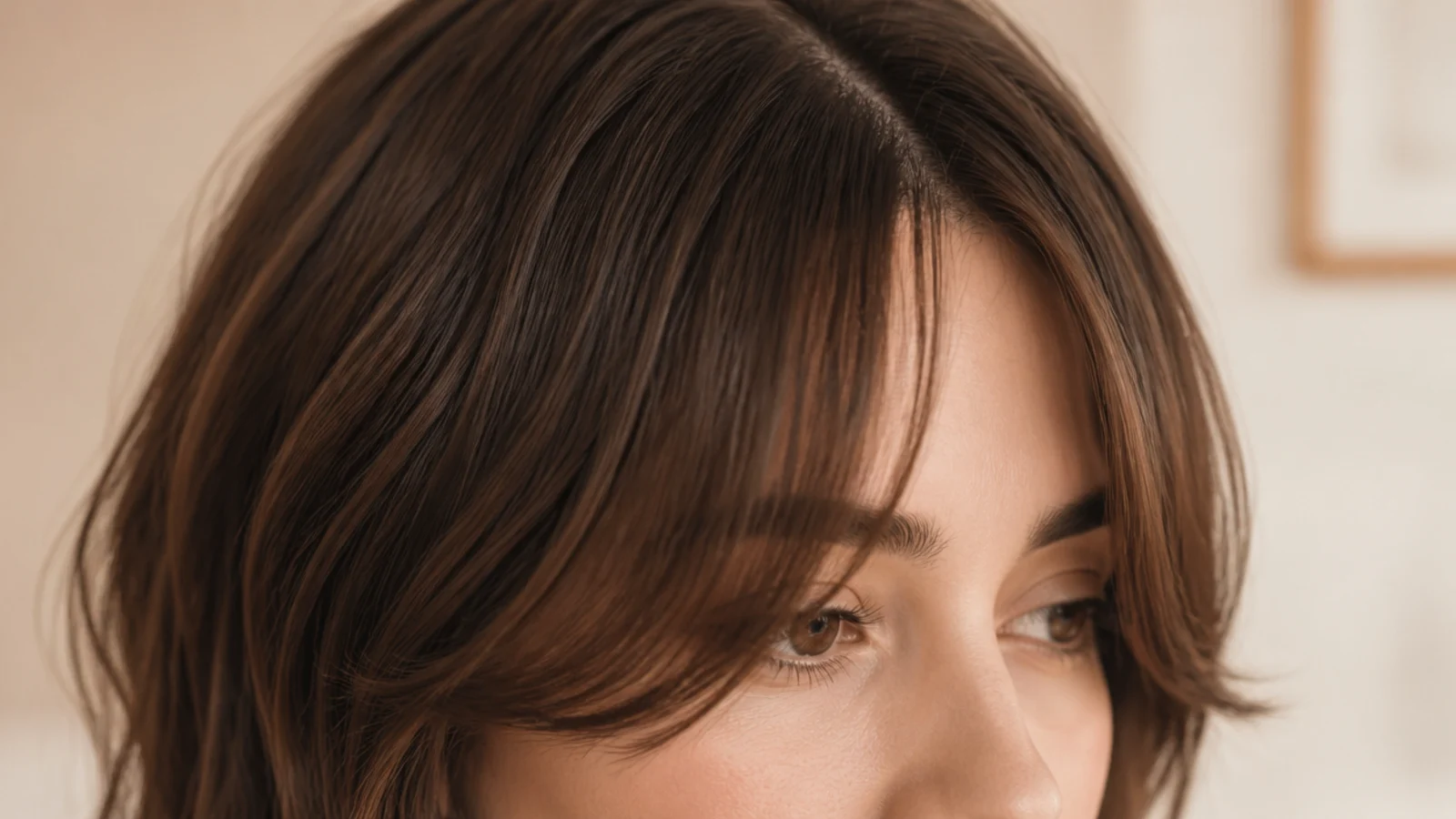 Brown hair split at the centre with the front pieces ending level with the eyebrow