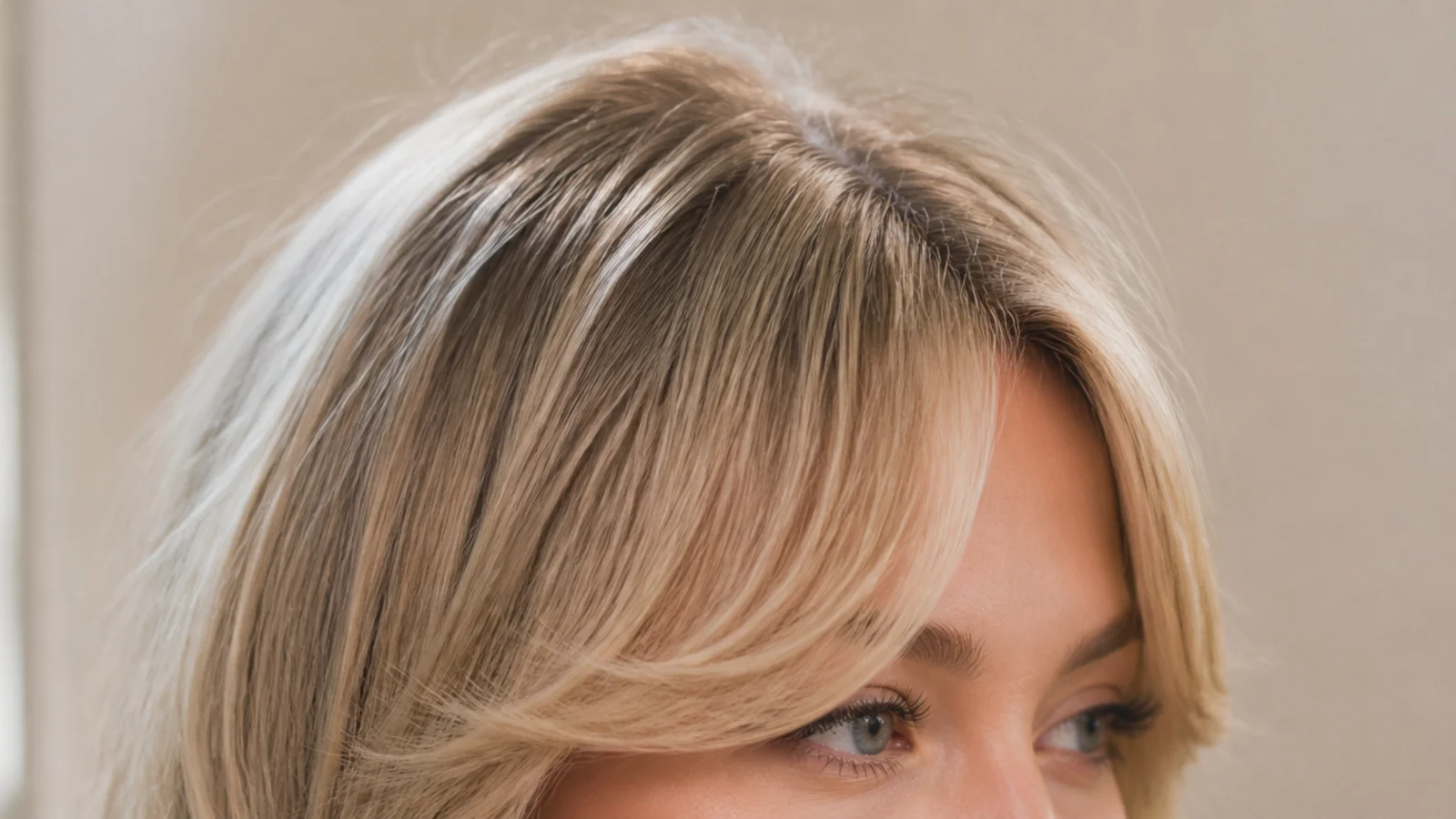 Fine light brown hair with a sparse centre-split fringe showing the scalp faintly at the part