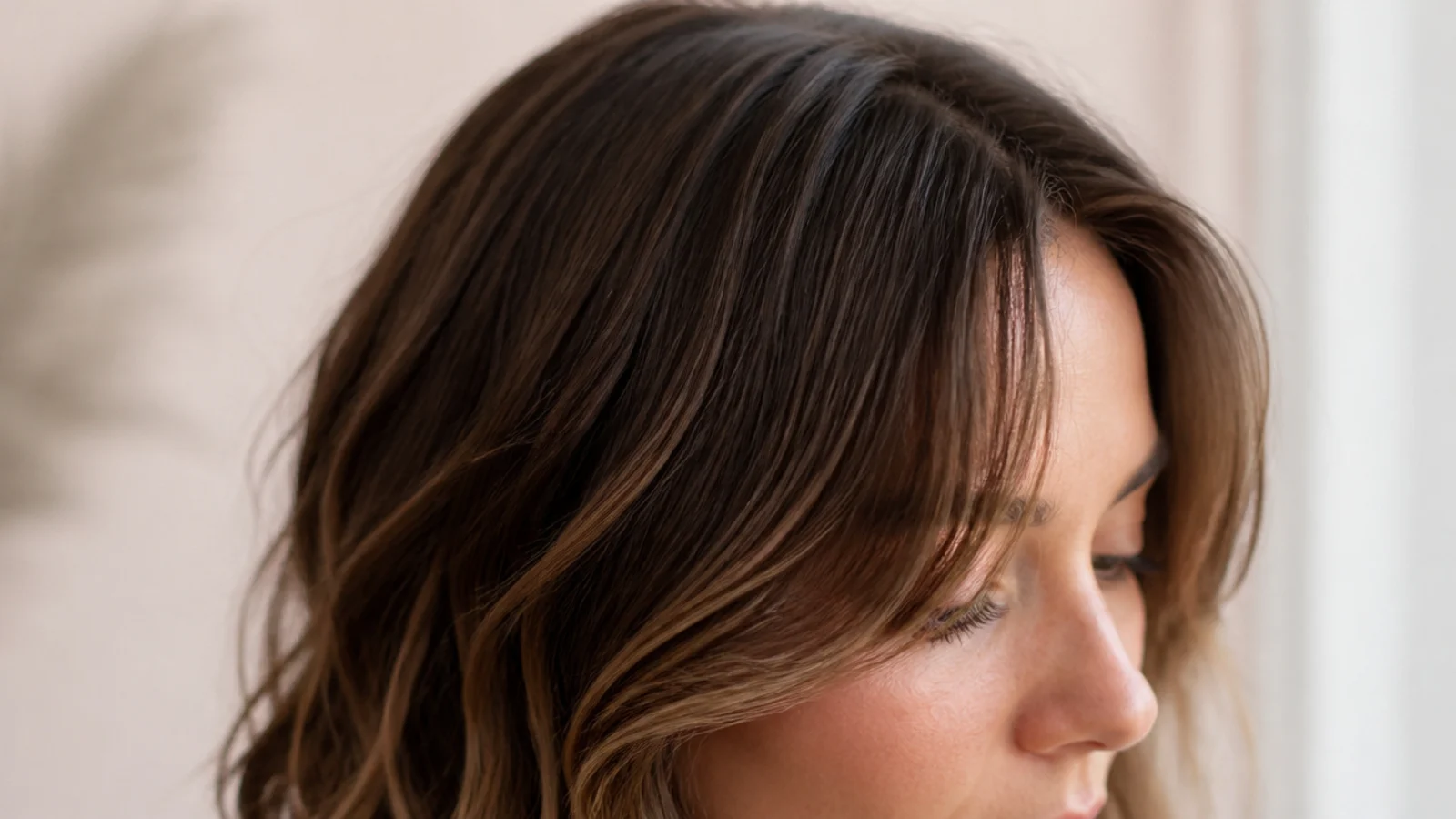 Loose waves with a soft split fringe bending away from the face at cheek level
