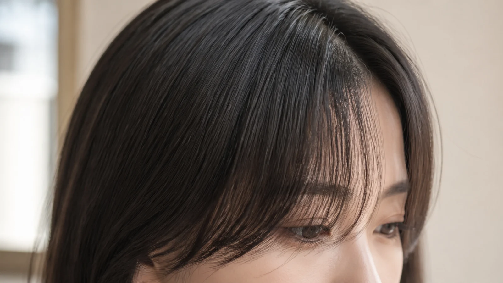 Sleek straight brown hair with a clean centre split and no visible step in the fringe