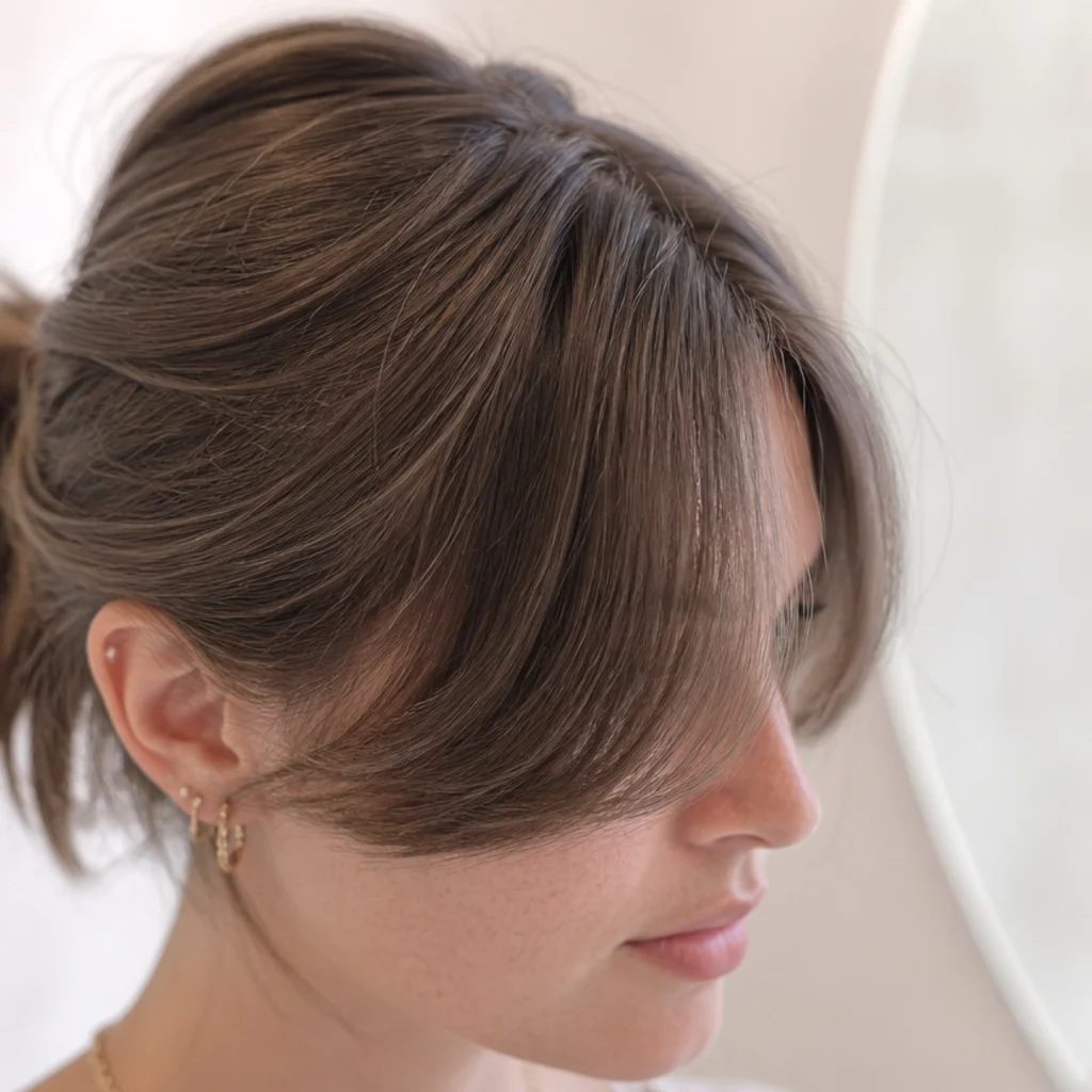 A strong square jawline with long swept front pieces curving past the cheek