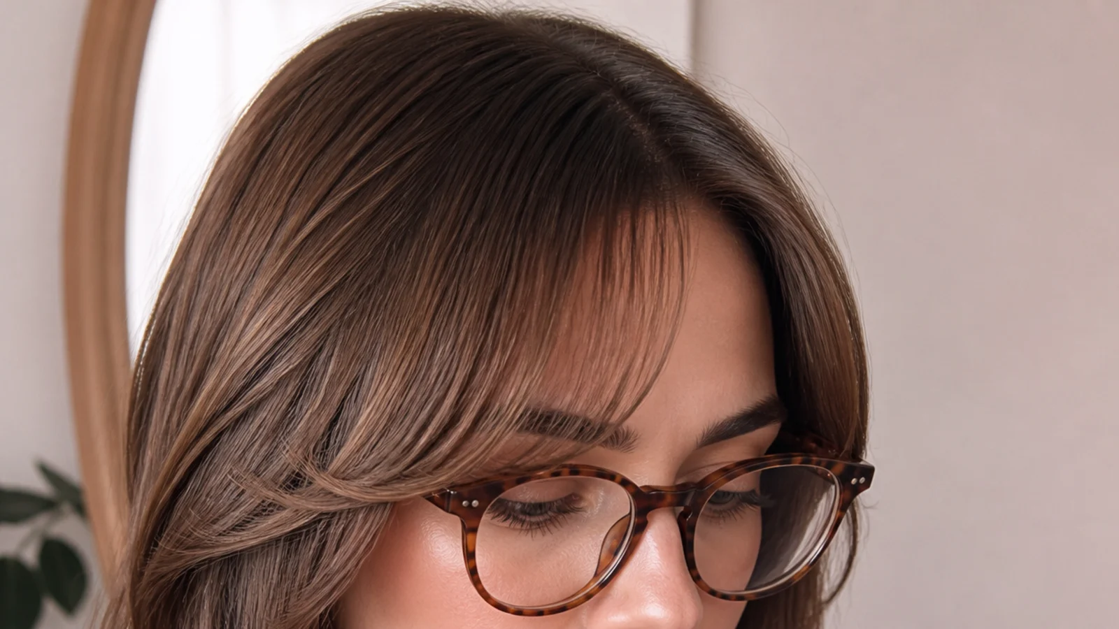 Clear-framed glasses worn under a centre-split fringe that clears the top of the lenses
