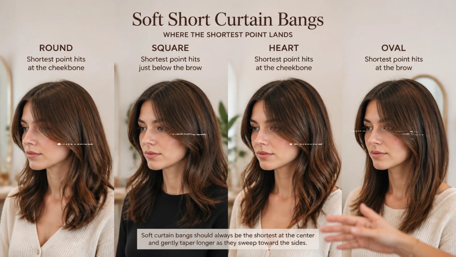 Four-panel chart showing where the shortest point lands on round, square, heart and oval faces