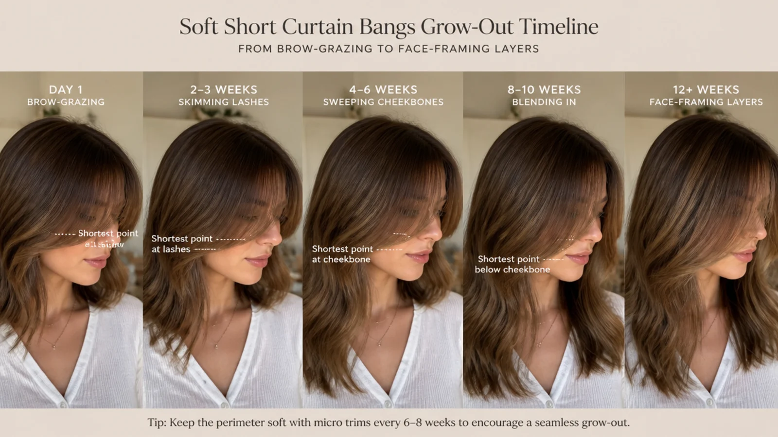 Five-panel grow-out timeline from day one at the brow through twelve weeks blended into face-framing layers