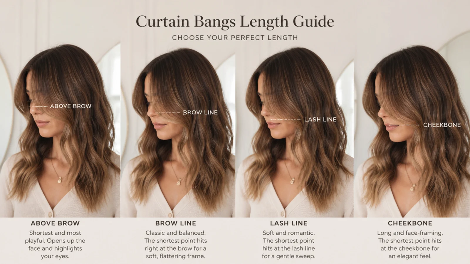 Four-panel length guide marking above brow, brow line, lash line and cheekbone on the same wavy brunette