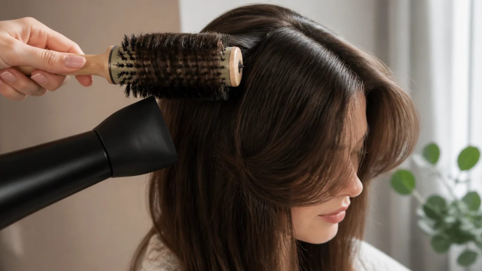 A round brush and a dryer lifting the front section of long brown hair upward at the root