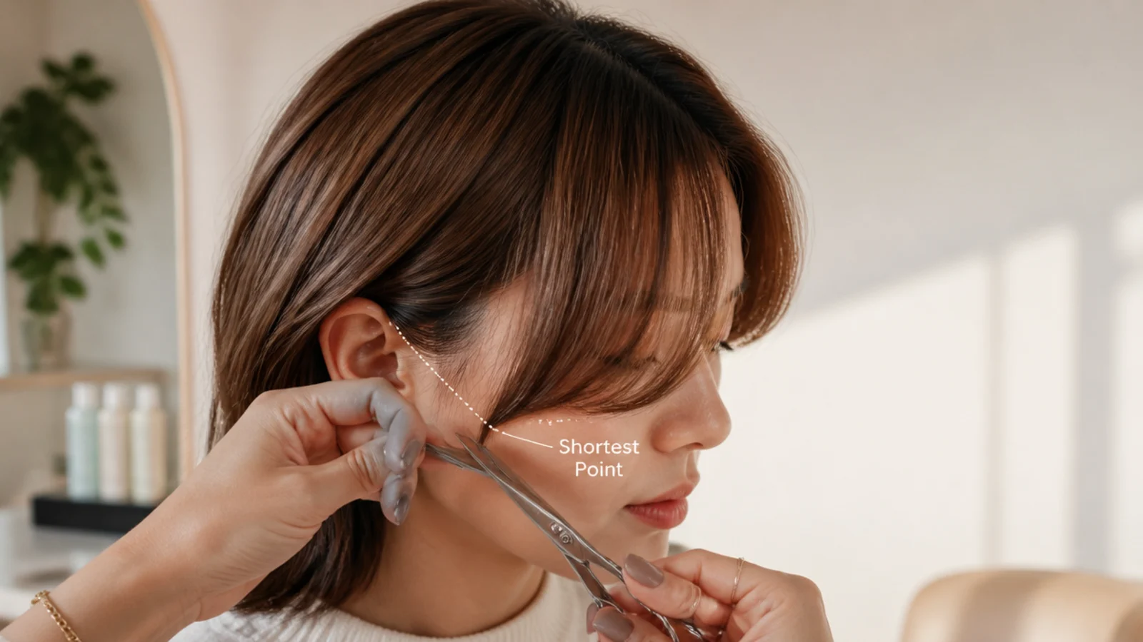 A stylist lifting the front section with shears while a dotted line marks the shortest point beside the cheek