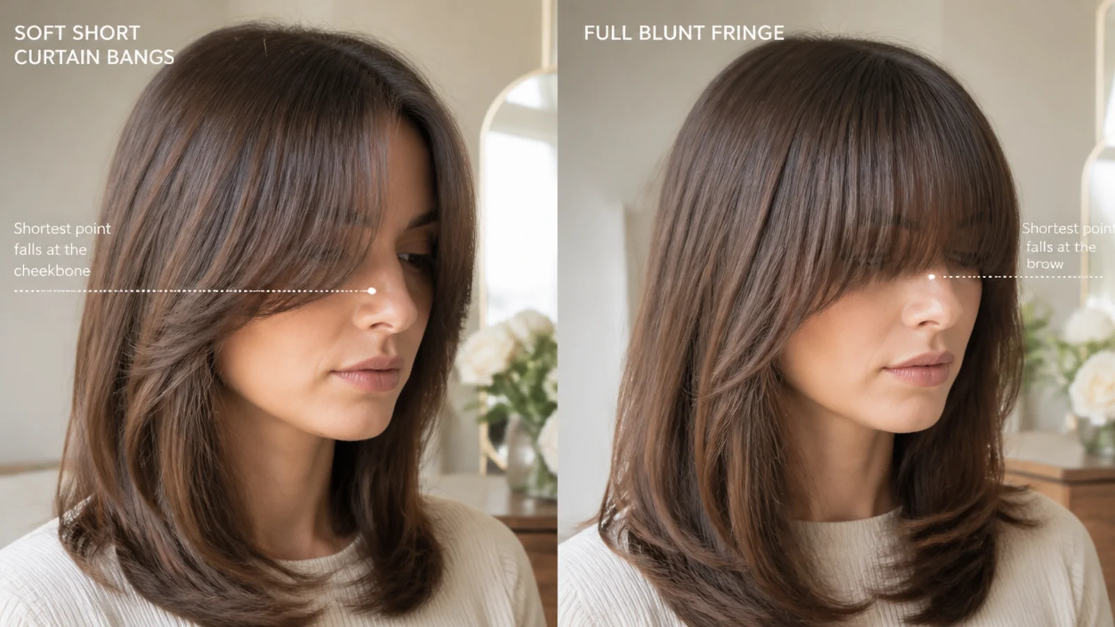 Two side-by-side portraits comparing a centre-split fringe reaching the cheekbone with a heavy blunt fringe cut at the brow