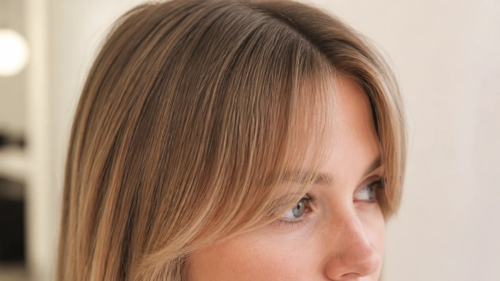 Fine light brown hair with a wispy point-cut fringe and a visible centre parting