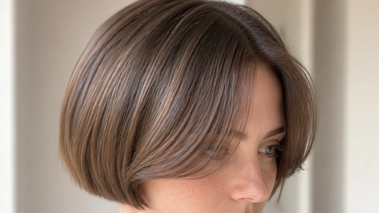 A blunt chin-length bob with straight front pieces splitting at the centre