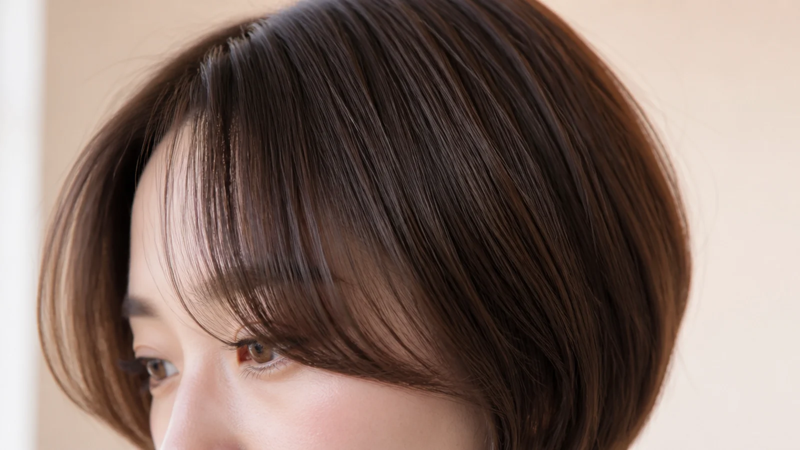 A round face framed by straight front pieces falling past the cheekbone on both sides