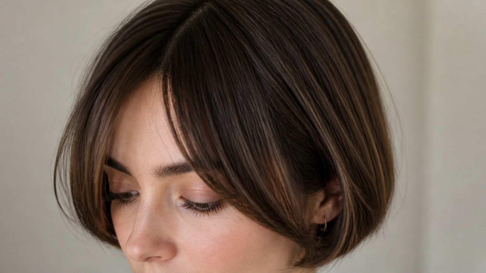 A short jaw-length bob with a soft split fringe and blunt ends