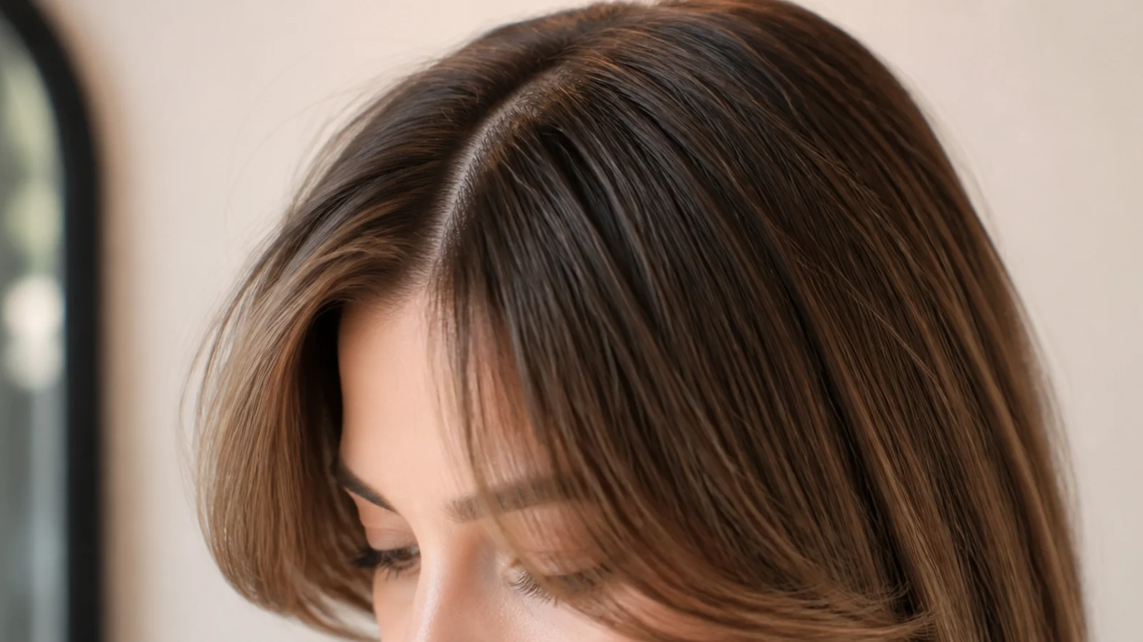 A sharply defined centre parting with the front sections falling well clear of each other