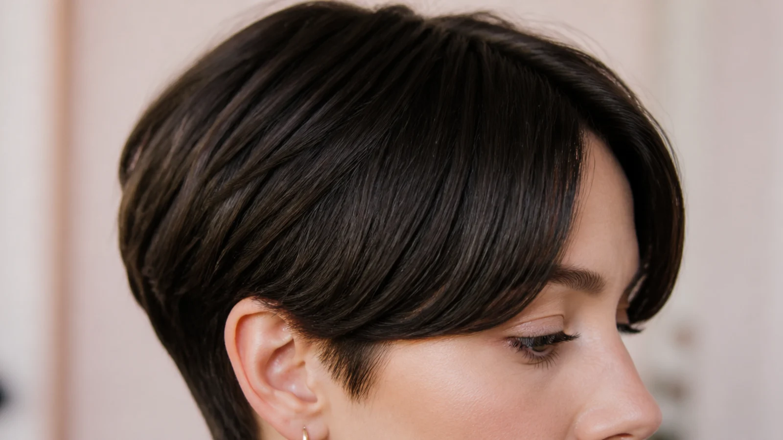 A sleek dark pixie cut with a longer swept front section over the forehead