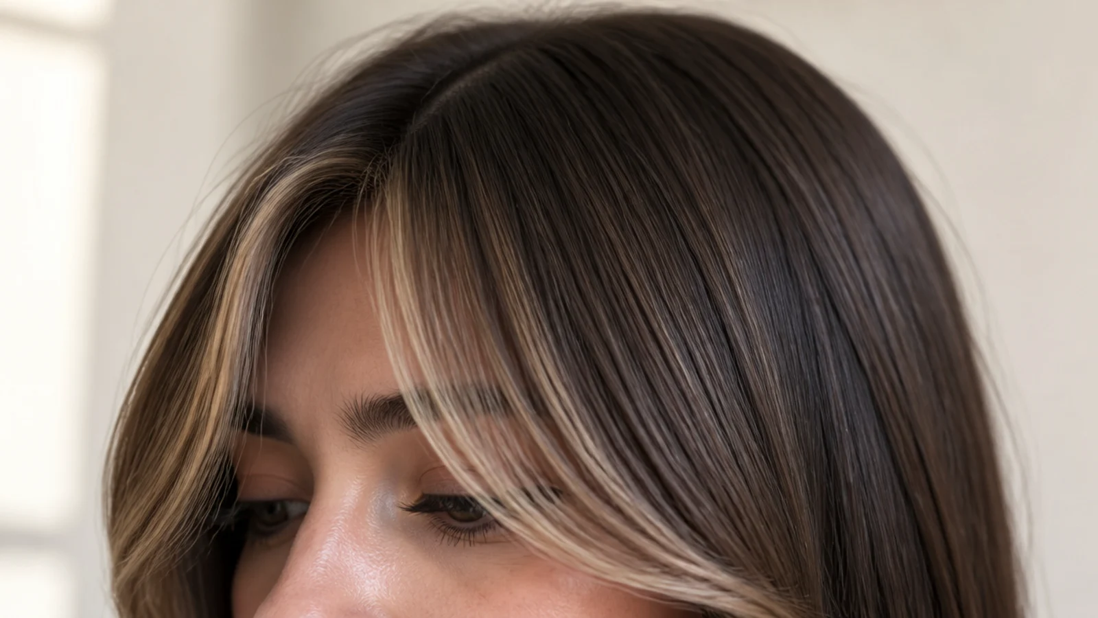 Lightened blonde front sections framing the face against darker brown length