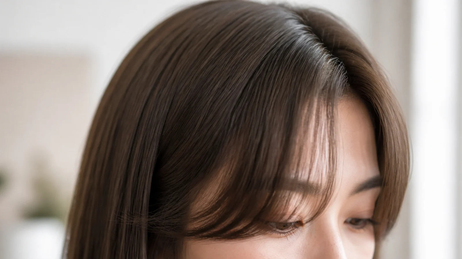Shoulder-length straight hair with a long swept fringe grading into the length