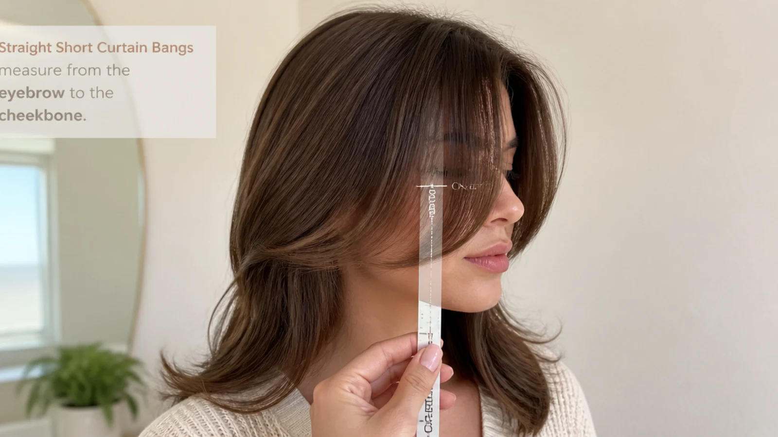 A ruler held vertically against the face from eyebrow to cheekbone beside a straight swept fringe