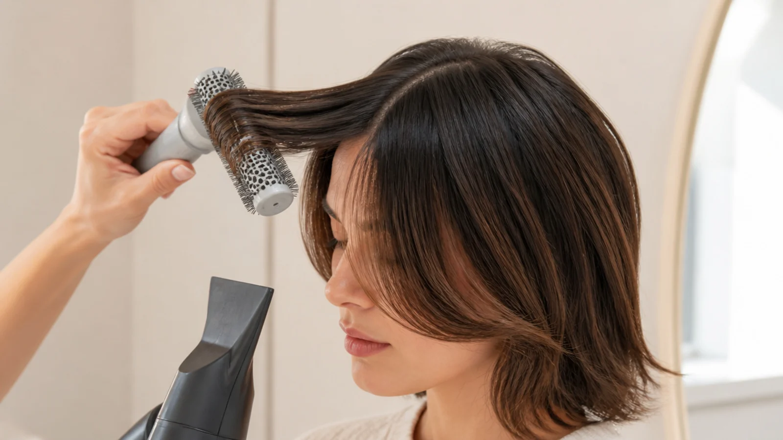 A round brush lifting the front section straight up while a dryer aims at the root