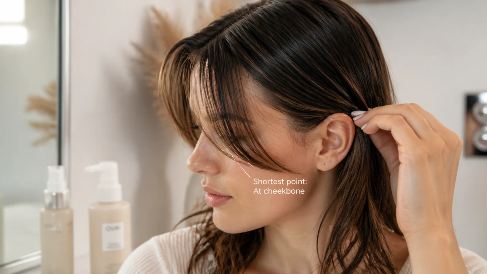 Damp front sections being tucked behind the ear with a line marking the shortest point at the cheekbone
