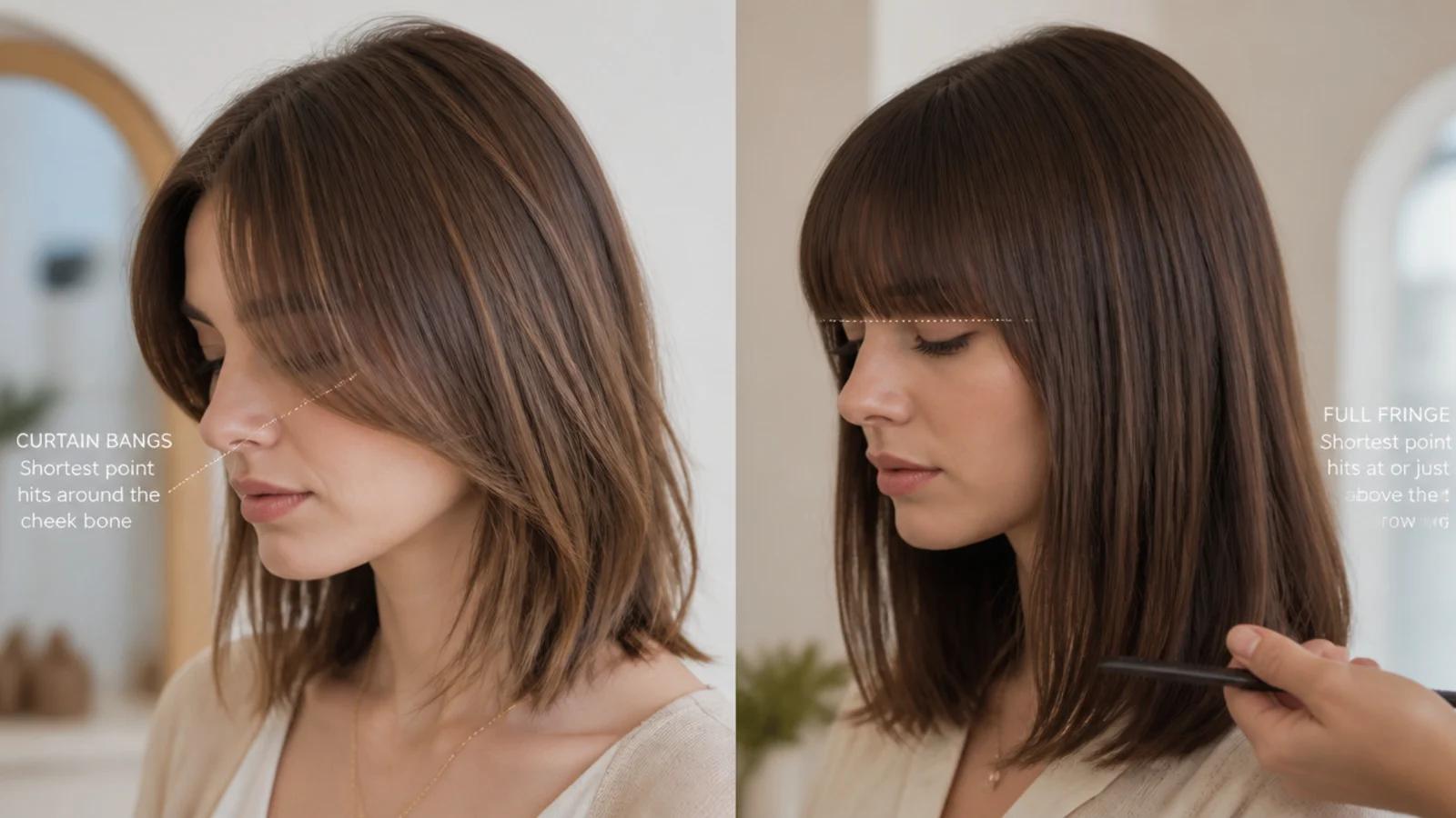 Two portraits side by side comparing a split fringe reaching the cheekbone with a heavy fringe cut level at the brow