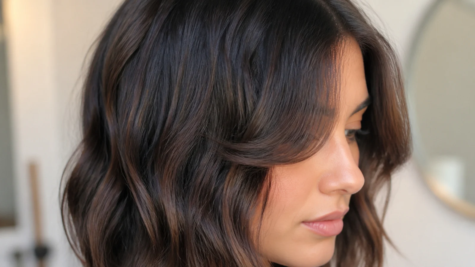 Collarbone-length wavy hair with long swept front pieces framing the face