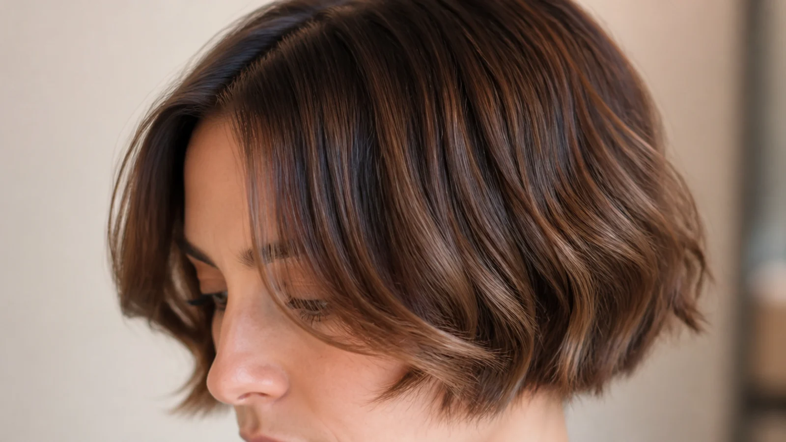 A short wavy bob with a soft split fringe and textured ends