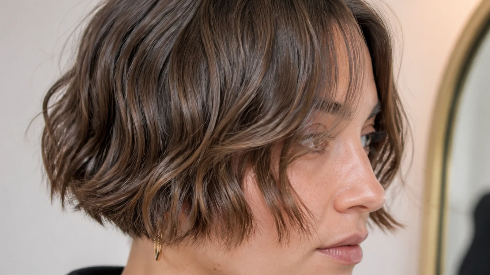 A tightly waved short bob with a piecey fringe and defined bends throughout