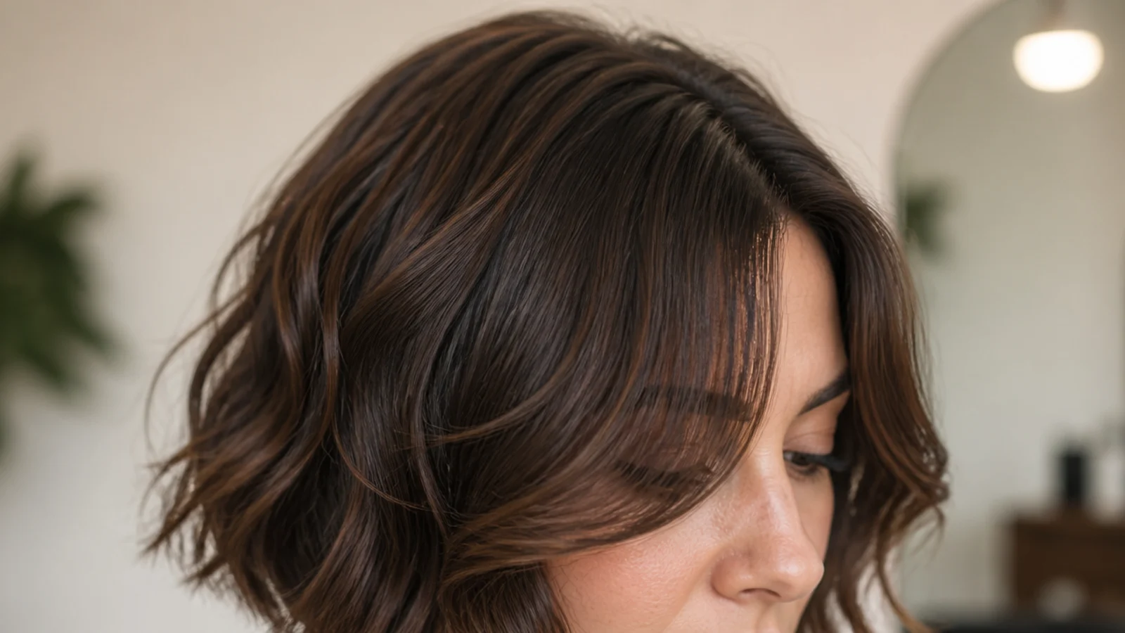 A chin-length wavy bob with the front pieces splitting at the centre