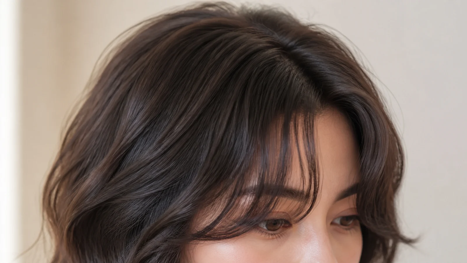 Dense wavy hair with a heavy split fringe falling to both sides