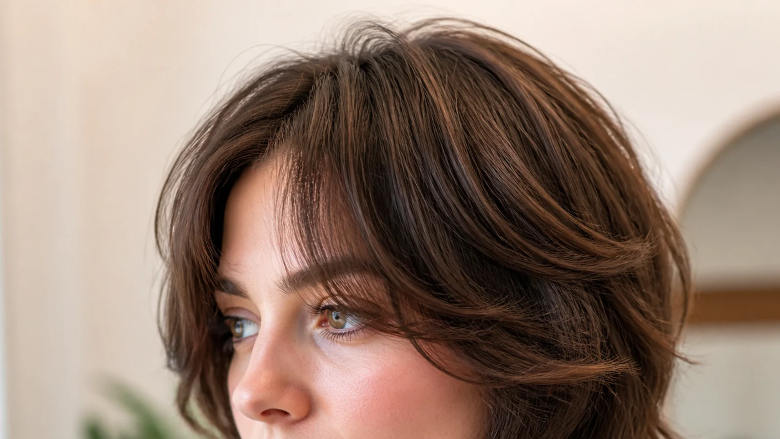 A shaggy wolf cut with disconnected layers and a wavy split fringe