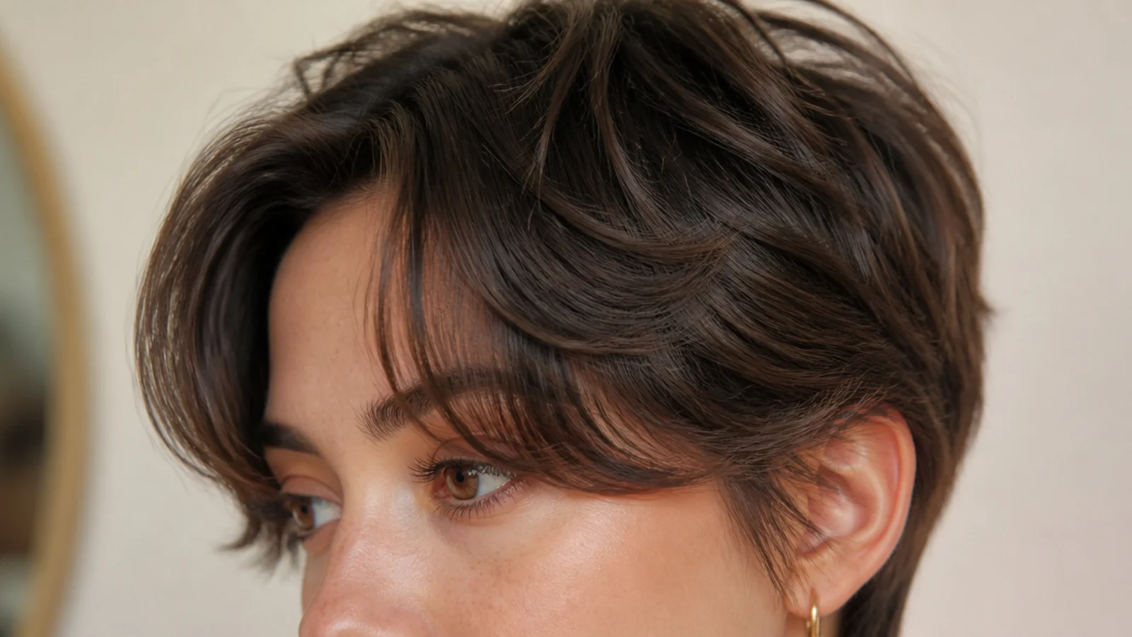 A textured wavy pixie with a long swept front section over the forehead