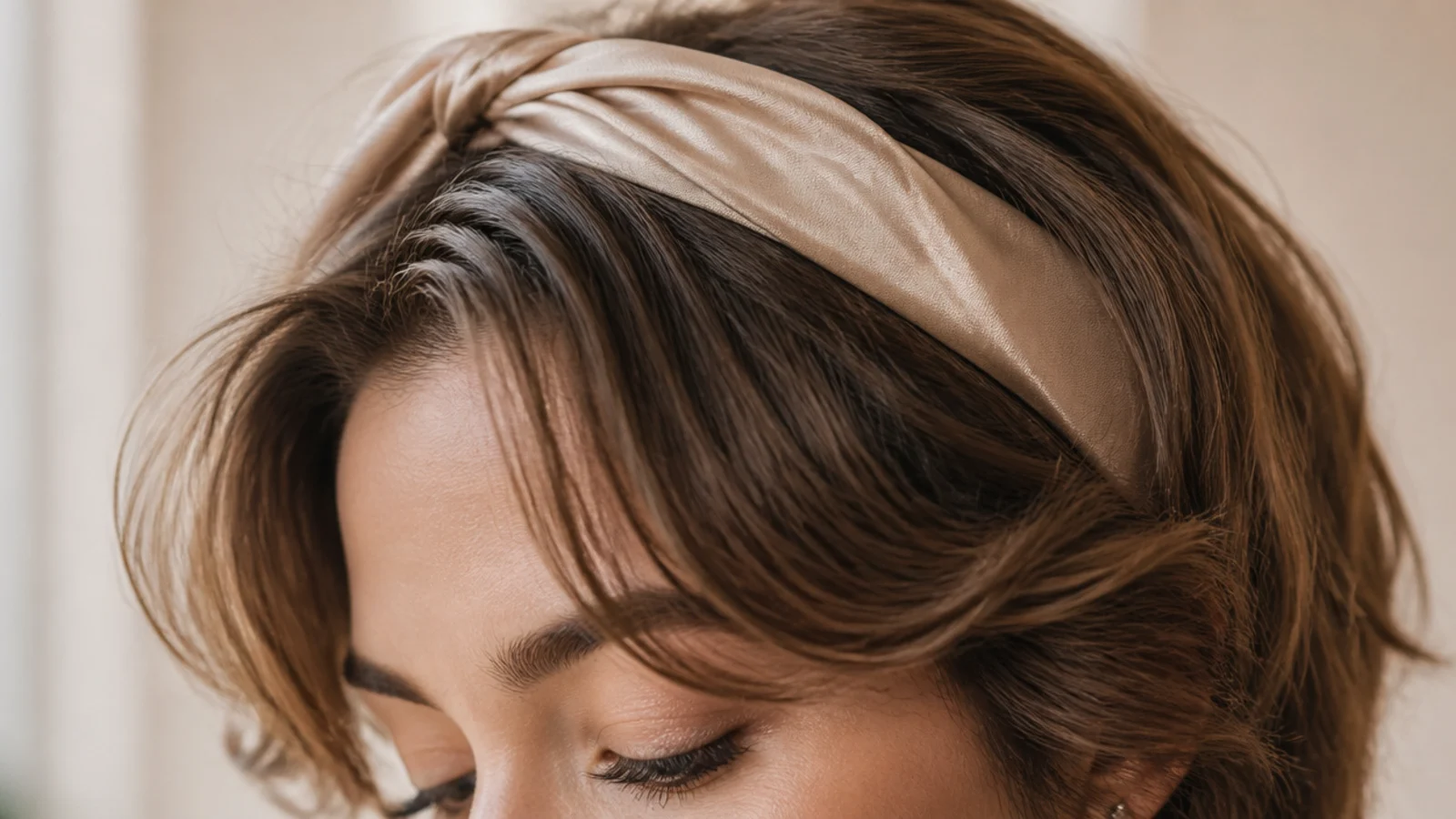 A knotted satin headband sitting behind wavy front pieces at the top of the head