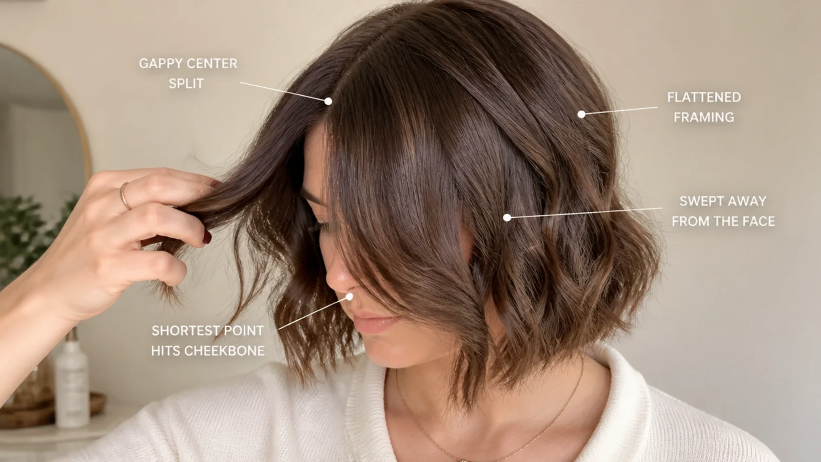 An annotated wavy bob marking a gappy centre split, flattened framing and the outward sweep